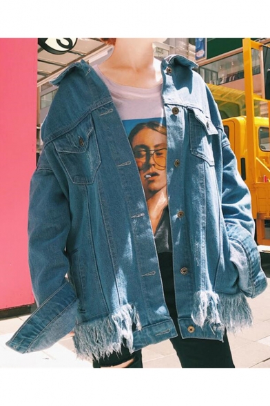 Fashionable Cartoon Printed Long Sleeves Button-Down Tassel-Trimmed Denim Jacket with Chest Pockets