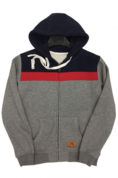 New Arrival Leisure Color Block Panel Zippered Long Sleeve Hoodie