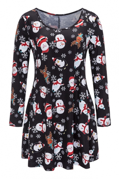 New Christmas Patterned Round Neck Long Sleeve Dress