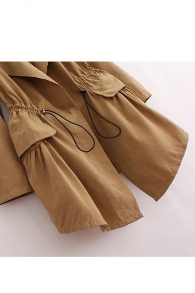 New Fashion Simple Plain Notch Lapel Drwawstring Waist Long Sleeve Trench Coat