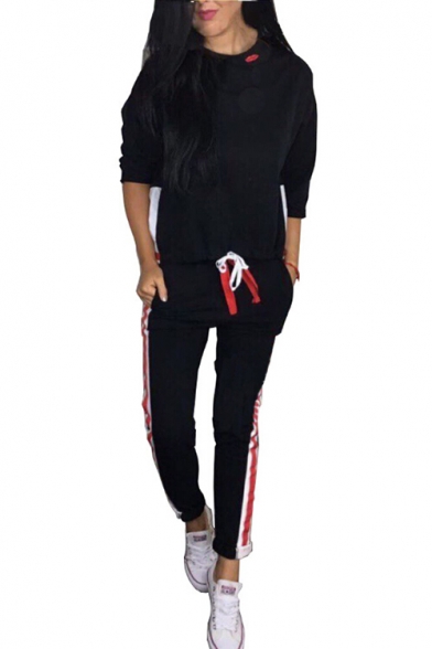 New Fashion Striped Side Round Neck Long Sleeve Pullover Sweatshirt with Drawstring Waist Pants