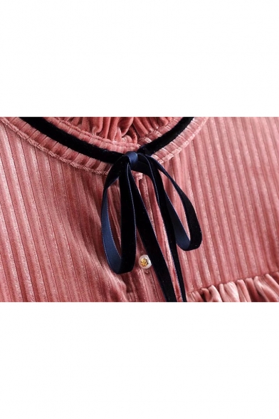 New Stylish Ruffle Embellished Bow Tie Neck Long Sleeve Shirt