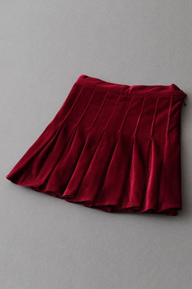 New Stylish Simple Plain Velvet Pleated Mini Dress
