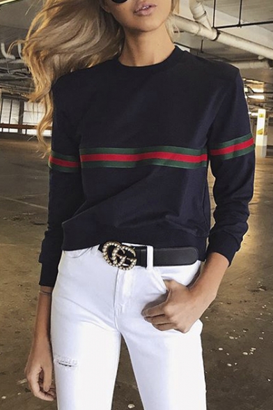 New Stylish Striped Print Round Neck Long Sleeve Pullover Sweatshirt