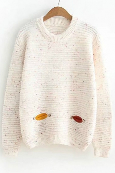 Owl Patchwork Round Neck Long Sleeve Pullover Sweater