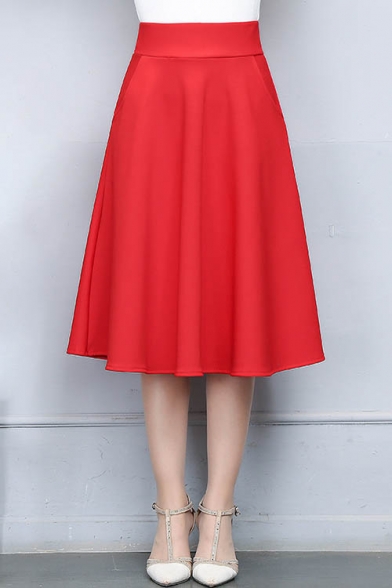 Simple Plain High Waist A-Line Midi Skirt
