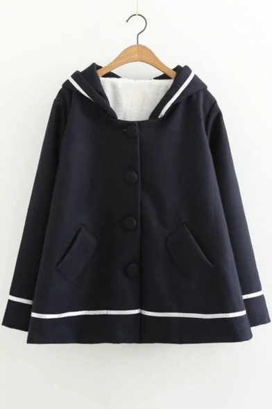 Simple Striped Hooded Long Sleeve Buttons Down Coat