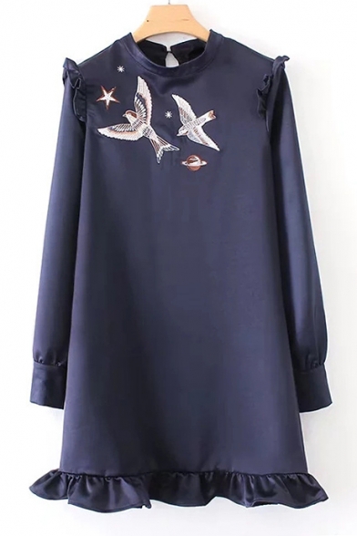 Chic Bird Embroidered Ruffle Hem Long Sleeve Shift Mini Dress