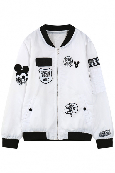 Chic Mickey Mouse Embroidered Stand-Up Collar Long Sleeve Zipper Jacket