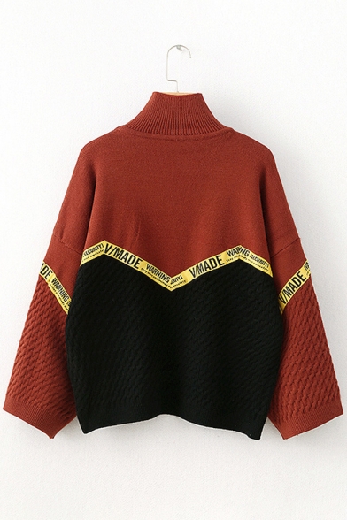 Color Block Letter Print Long Sleeve Turtleneck Pullover Sweater
