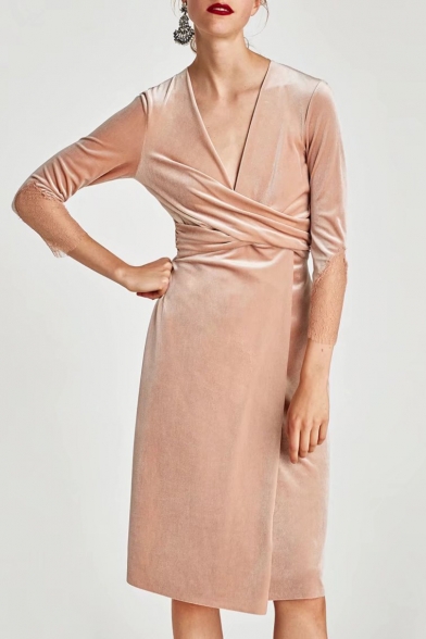 Fashion Wrap Front V-Neck Lace panel Long Sleeve Plain Dress
