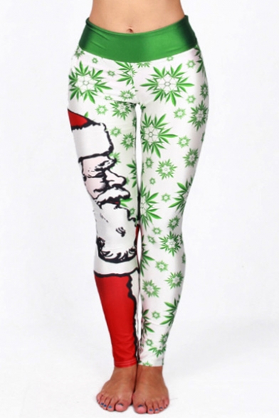 Fashionable Christmas Santa Snowflake Print Elastic Waist Ankle Leggings