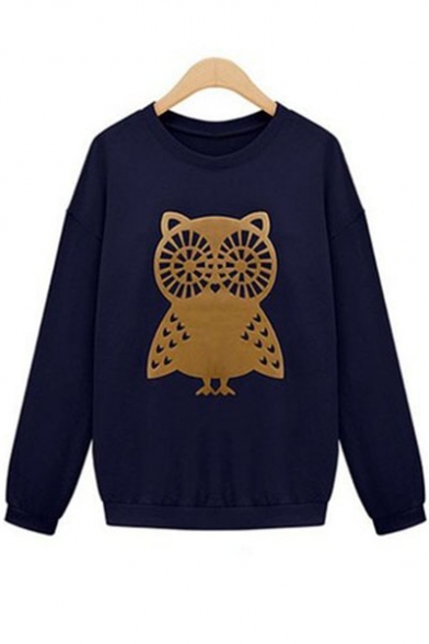 Lovely Owl Print Round Neck Long Sleeve Pullover Sweatshirt
