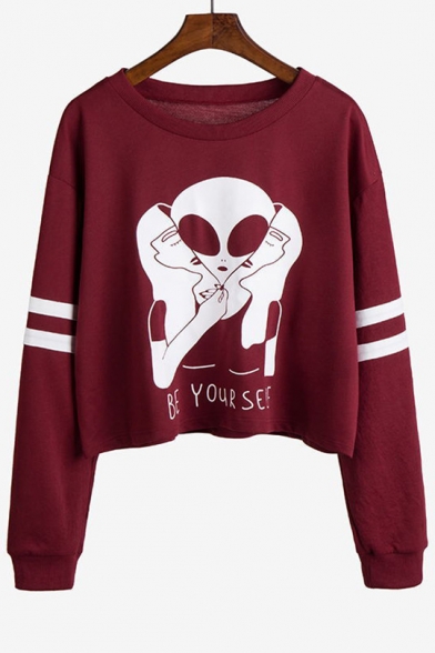 New Fashion Cartoon Alien Print Round Neck Long Sleee Cropped Pullover Sweatshirt