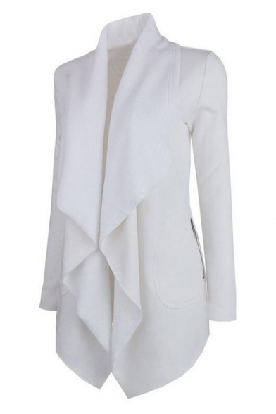 New Fashion Chic Plain Waterfall Collar Open Front Long Sleeve Trench Coat