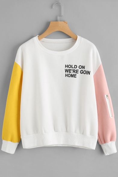 New Fashion Color Block Letter Print Round Neck Long Sleeve Pullover Sweatshirt