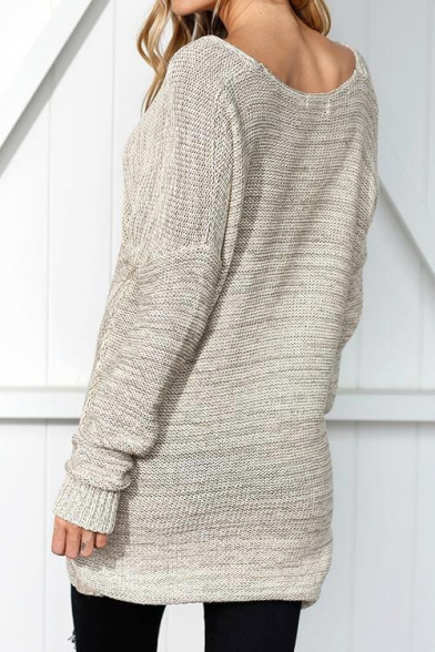 New Fashion Simple Plain V-Neck Long Sleeve Pullover Sweater