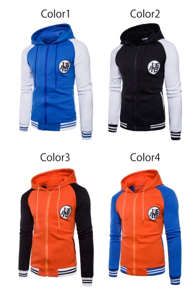 New Stylish Color Block Chinese Print Drawstring Hood Raglan Sleeve Jacket