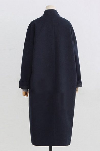 New Stylish Open Front Stand-Up Collar Long Sleeve Plain Tunic Coat