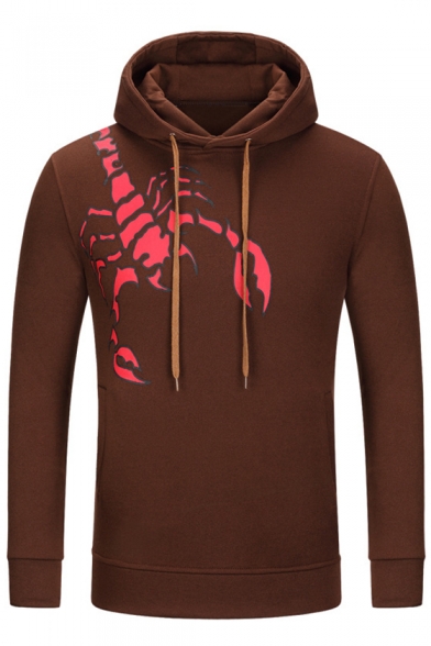 

New Stylish Scorpion Print Drawstring Hood Long Sleeve Hoodie, Black;dark navy;camel