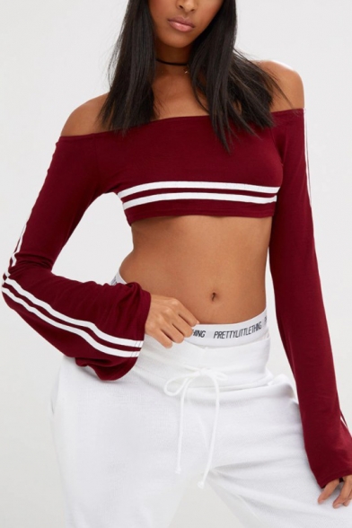 Sexy Simple Striped Off the Shoulder Long Sleeve Cropped Tee