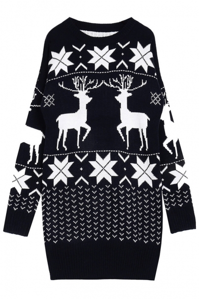 Snow Deer Patterned Round Neck Long Sleeve Sweater
