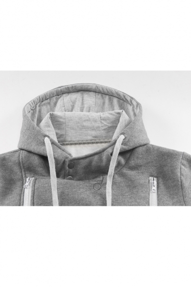 Sportive Contrast Trimmed Long Sleeves Inclined Zippered Design Hoodie with Pockets