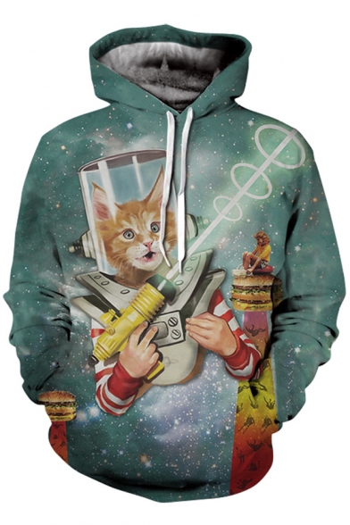 Stylish Laser Gun Cat Hamburger Galaxy Pattern Long Sleeves Pullover Hoodie with Pockets