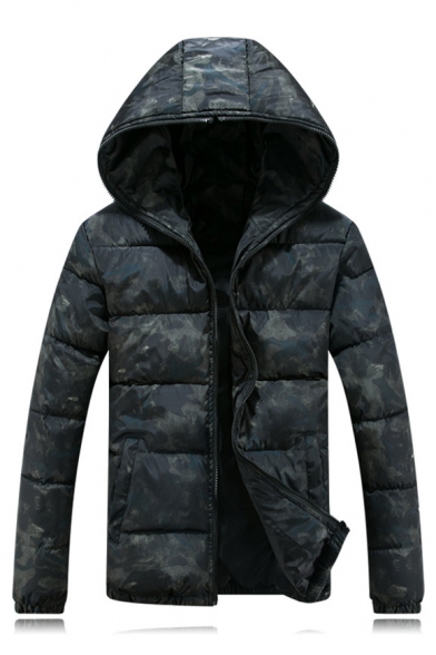 Winter's Fashion Camouflaged Pattern Long Sleeves Zippered Hooded Quilted Coat with Pockets