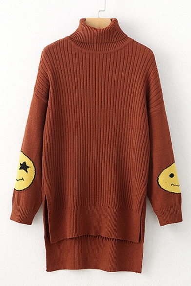 Chic Happy Face Print Turtleneck Long Sleeve High Low Hem Tunic Sweater