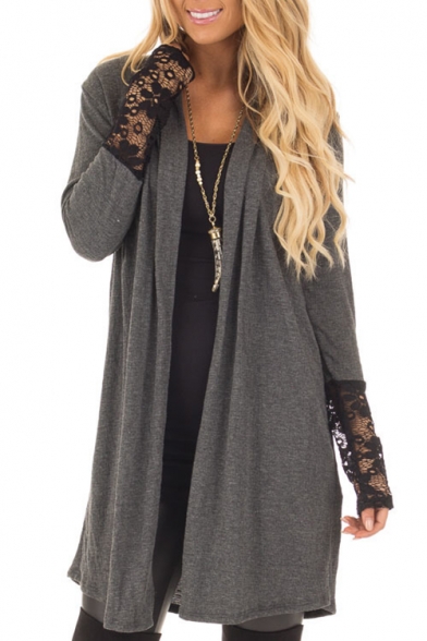 Chic Simple Lace Panel Cuff Open Front Long Sleeve Coat