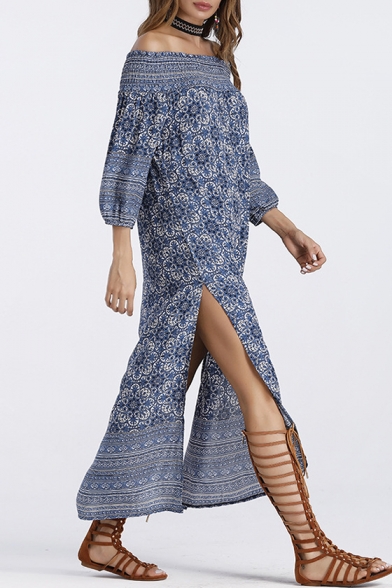 Chic Floral Print Off the Shoulder Long Sleeve Maxi Dress