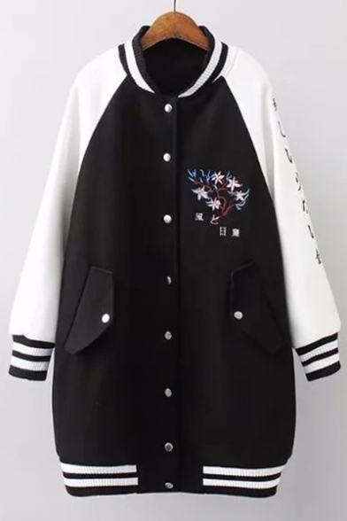 Color Block Floral Embroidered Stand-Up Collar Long Sleeve Baseball Coat