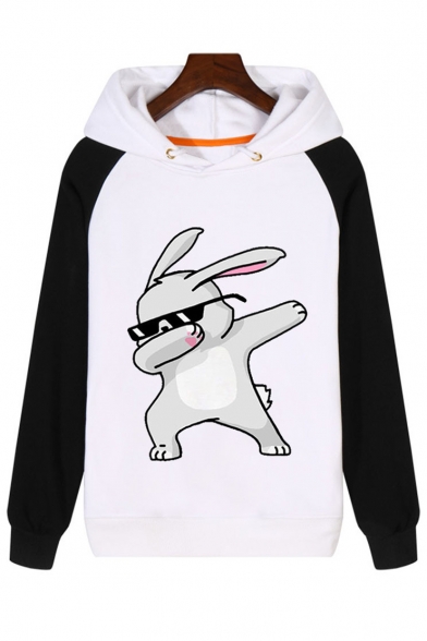 Cute Rabbit Printed Contrast Long Sleeves Color Block Pullover Hoodie