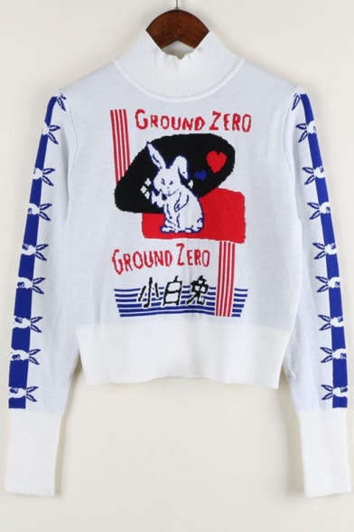 New Fashion Cartoon Rabbit Pattern Turtleneck Long Sleeve Cropped Pullover Sweater