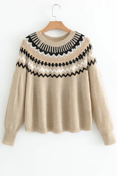 New Round Neck Long Sleeve Wave Patterned Sweater