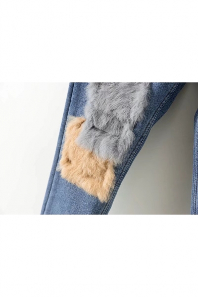 New Stylish Color Block Faux Fur Zip Fly Jeans
