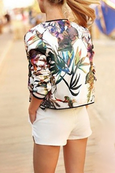 New Stylish Floral Print Long Sleeve Stand-Up Collar Zipper Jacket