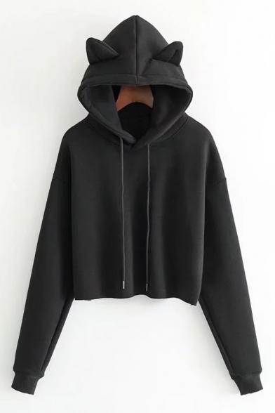 New Stylish Long Sleeve Simple Plain Cropped Hoodie with Cat's Ear Hood