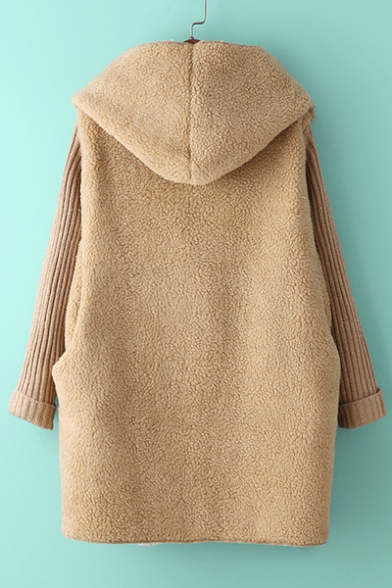 New Stylish Long Sleeve Simple Plain Patchwork Hooded Tunic Coat