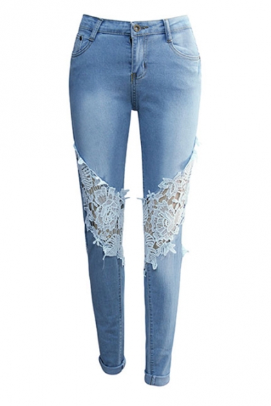 New Stylish Zip Fly Lace Panel Skinny Jeans