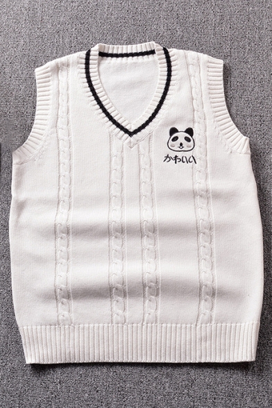New Trendy Lovely Panda Embroidered V-Neck Sleeveless Vest Sweater