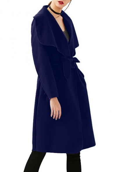 New Trendy Simple Plain Lapel Open Front Long Sleeve Trench Coat with Belt