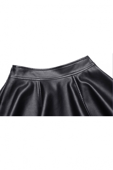 Simple Plain High Waist PU Pleated Mini Skirt