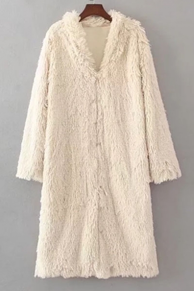 Winter Fashion V-Neck Long Sleeves Faux Fur Longline Fluffy Coat