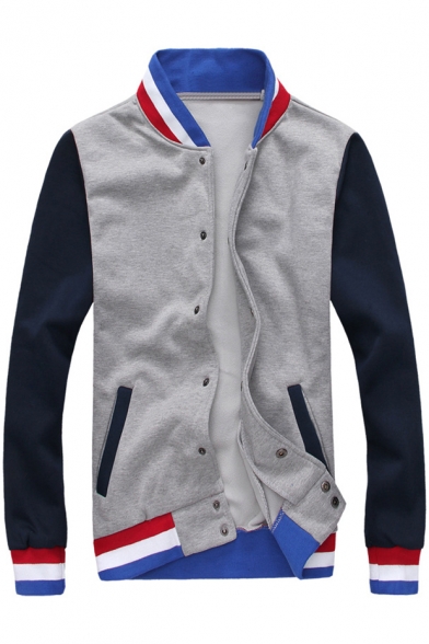 Chic Color Block Print Single Breasted Stand-Up Collar Baseball Jacket