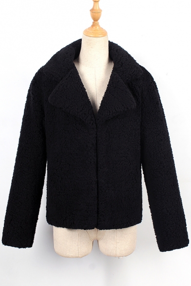 Chic Long Sleeve Notched Lapel Open Front Plain Faux Fur Coat