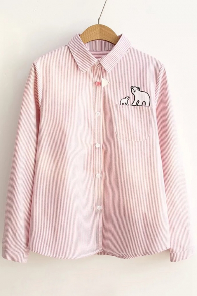 Chic Striped Lapel Bear Embroidered Long Sleeve Buttons Down Shirt