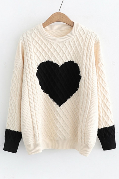 Color Block Heart Pattern Contrast Cuff Long Sleeve Sweater