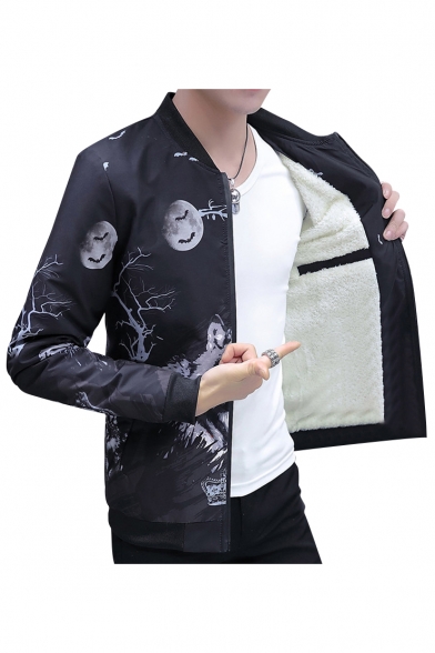 Cool Wolf Print Stand-Up Collar Zip Placket Long Sleeve Jacket